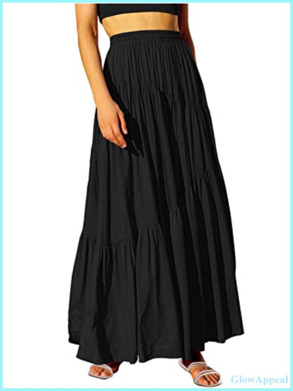 Boho Elastic High Waist Pleated A-Line Flowy Swing Asymmetric Tiered Maxi Skirt